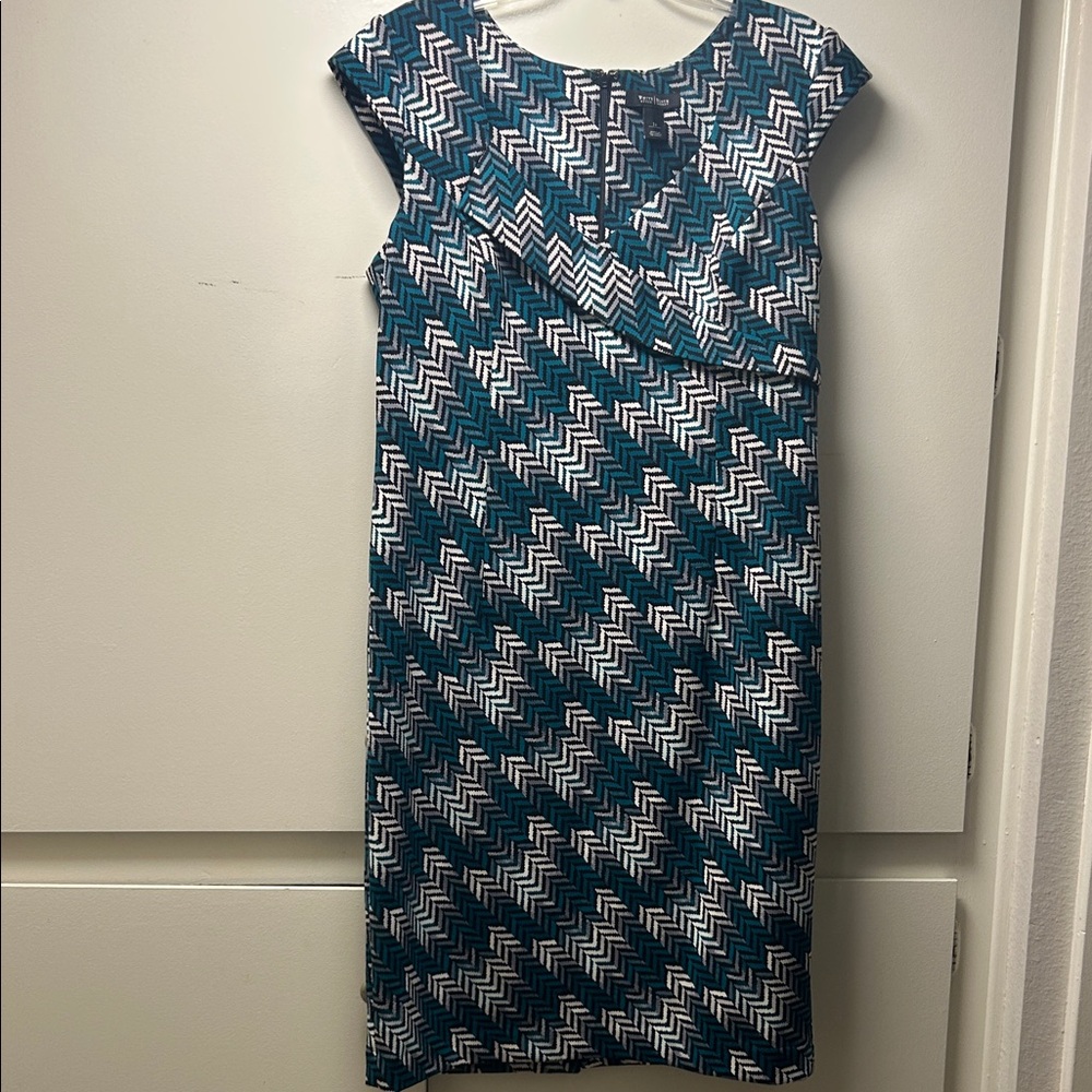 White House Black Market Teal and White Chevron Midi Sheath Dress